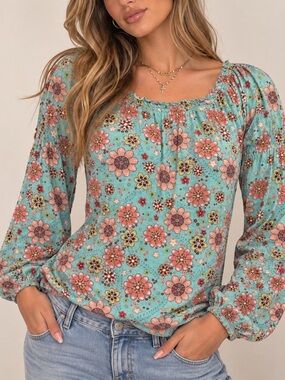 American Rag Vintage-Inspired Aqua &
Pink Ditsy Y2K  Floral Smocked Blouse